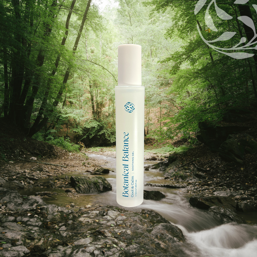 Skincare bottle labeled 'Botanical Balance' in a natural setting with a stream and trees.