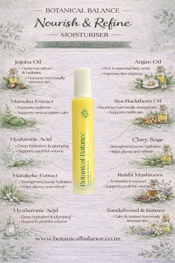 Botanical Balance moisturizer with ingredients listed on a decorative background