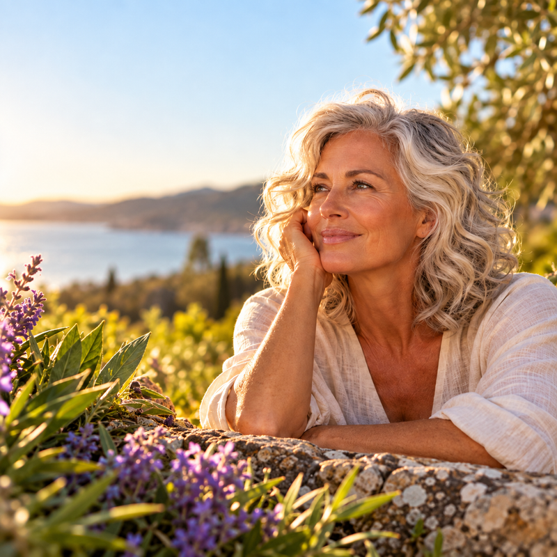 Silver-haired woman resting outdoors beside lavender in warm sunlight