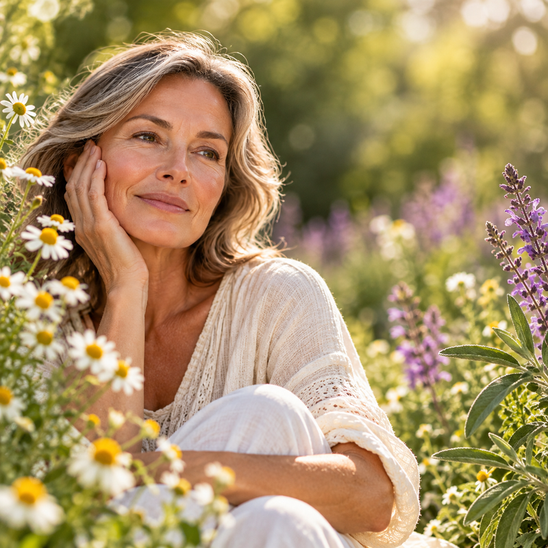 Woman resting in a sunlit garden among daisies and lavender