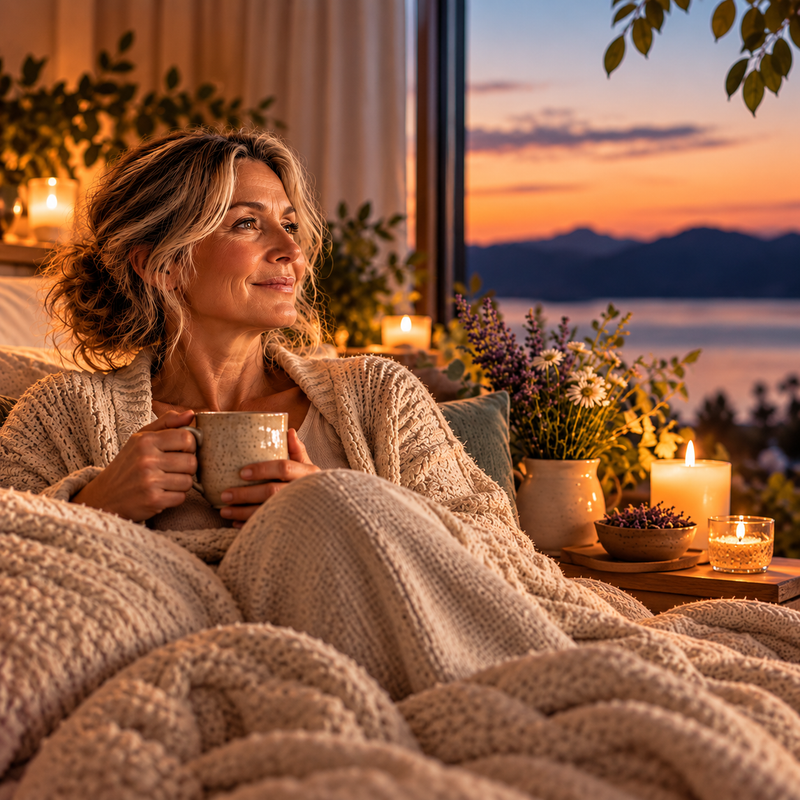 Woman relaxing with a warm drink at sunset, representing sleep and stress support