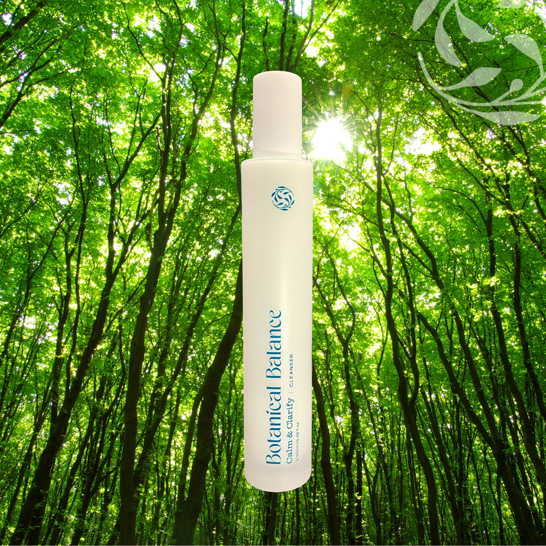 Botanical Balance product bottle with a forest background