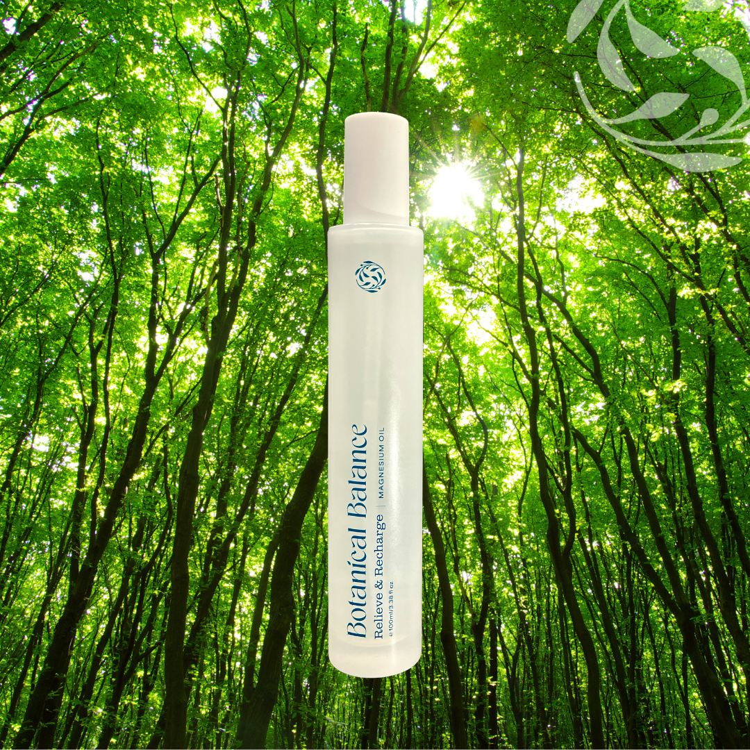 Botanical Balance bottle against a forest background