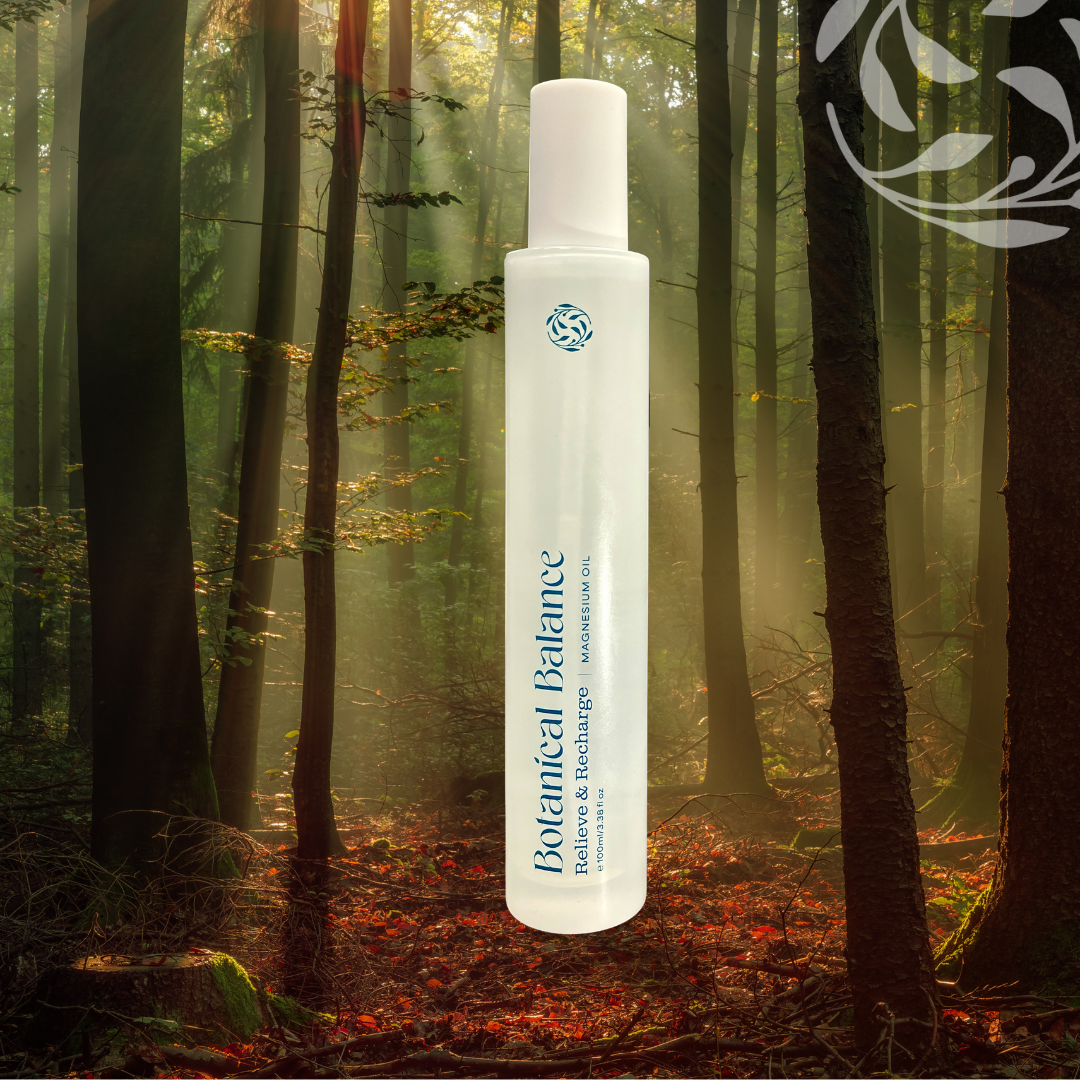 White bottle labeled 'Botanical Balance' in a forest setting