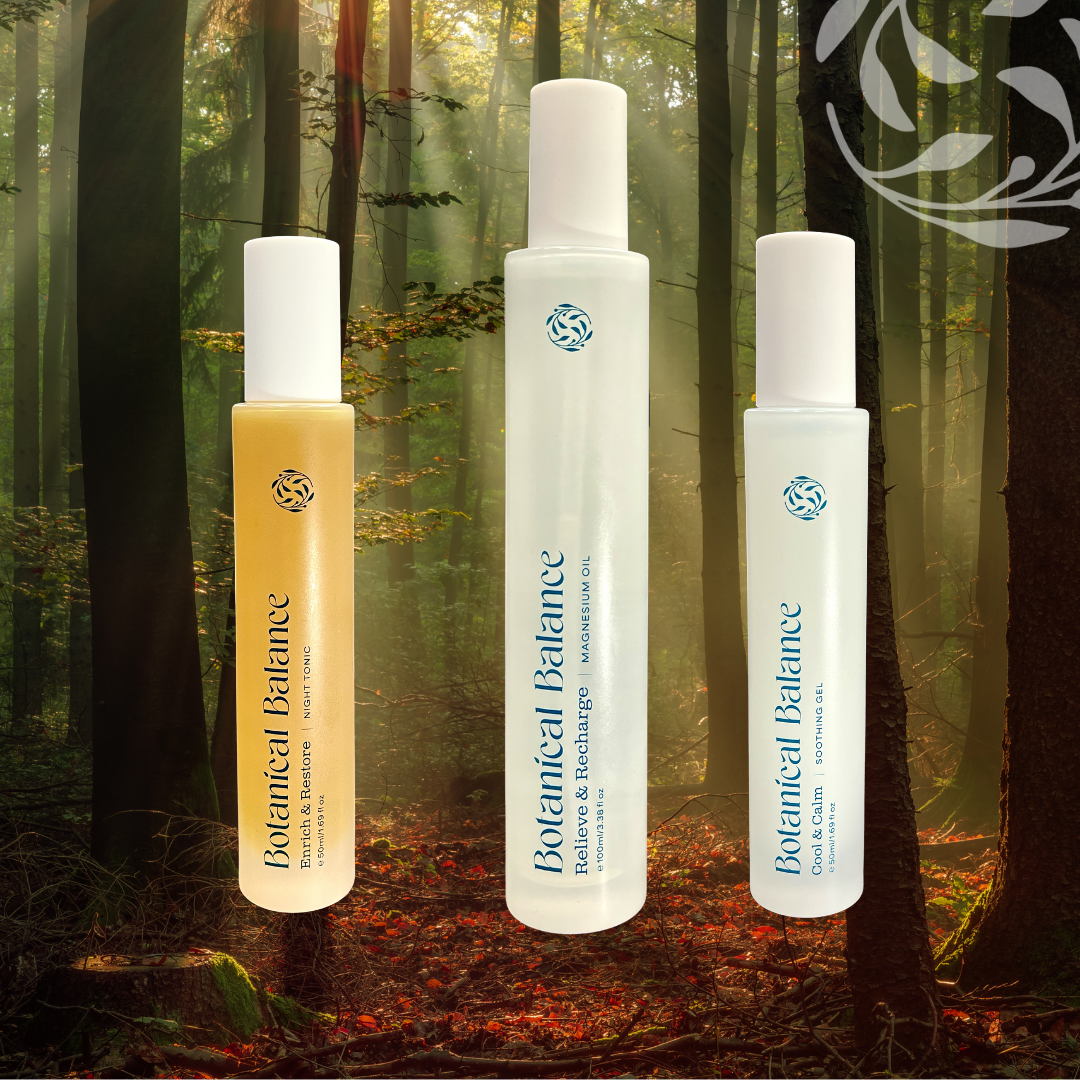 Three Botanical Balance skincare products in a forest setting