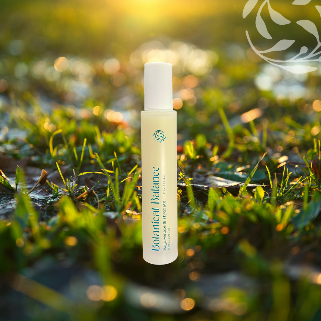 Skincare bottle labeled 'Botanical Balance' on grass with a blurred natural background