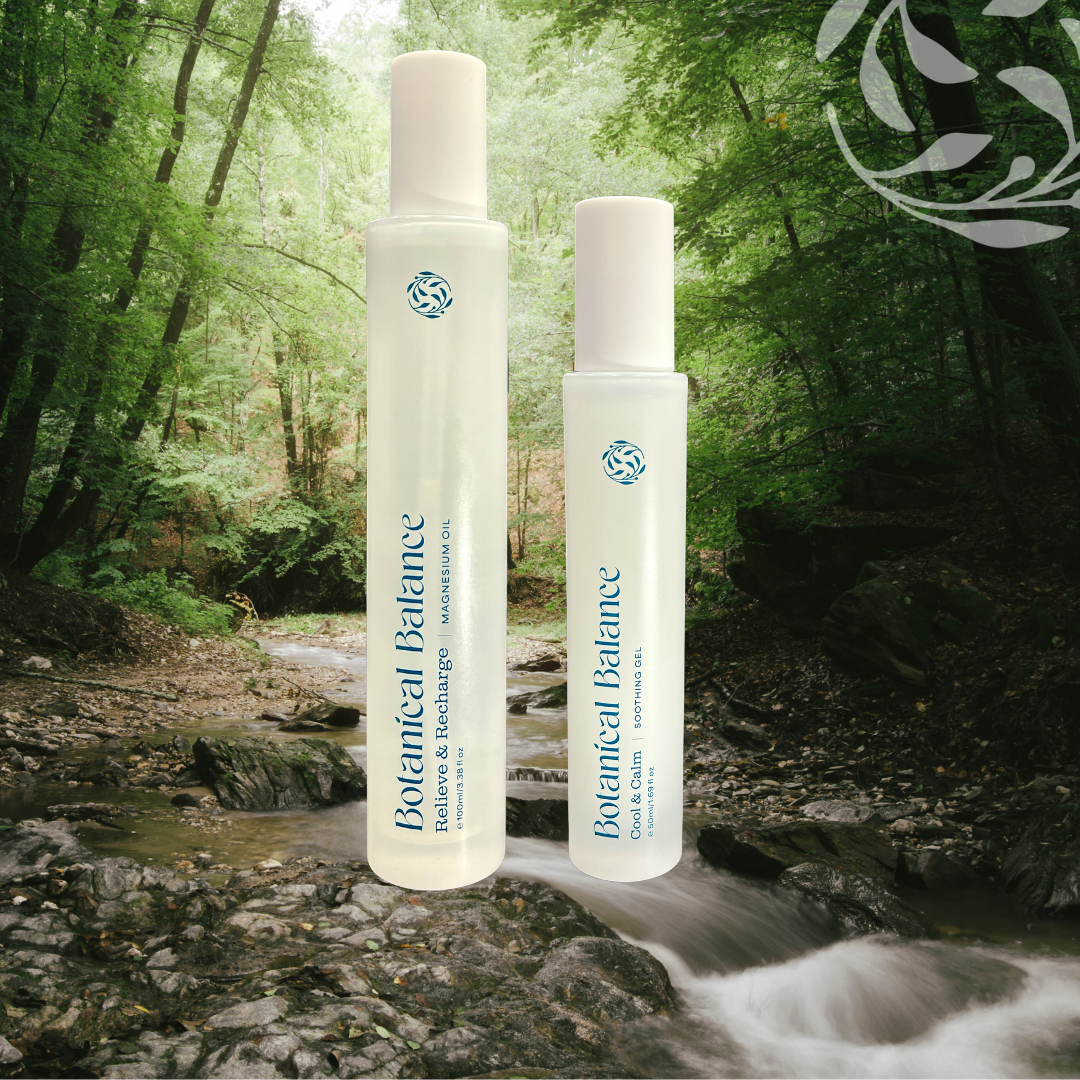 Two 'Botanical Balance' skincare products in a natural setting with a forest background.