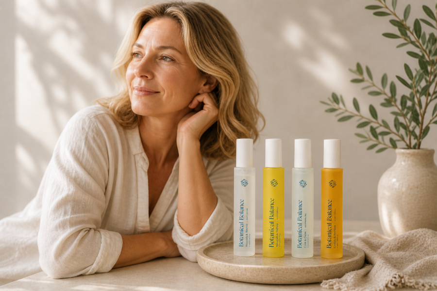 Woman sitting next to a table with skincare products on a neutral background