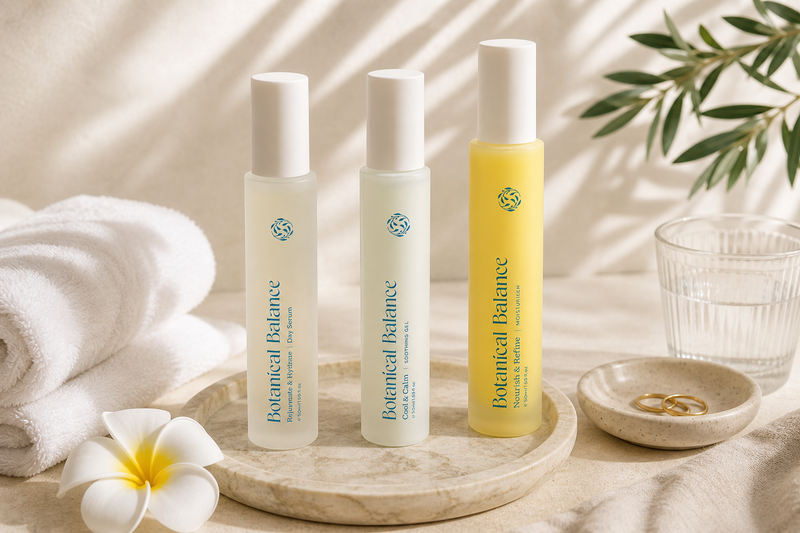 Three skincare bottles labeled 'Botanical Balance' on a wooden tray with a white towel and flower in the background.