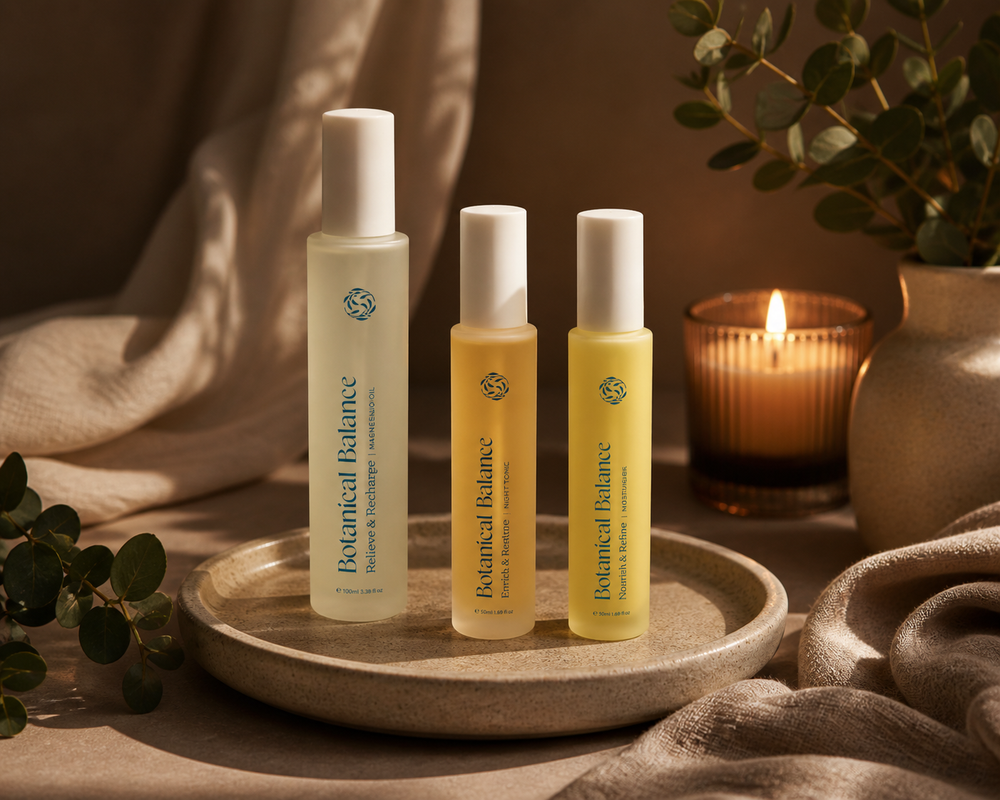 Three Botanical Balance skincare bottles on a wooden tray with a warm, homey setting.