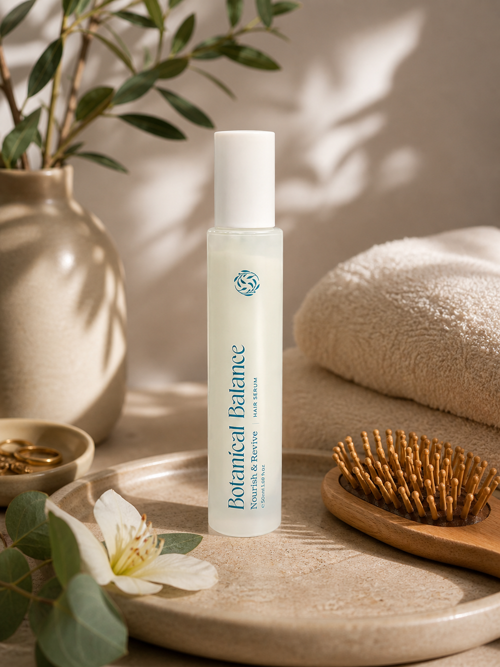 Skincare bottle labeled 'Botanical Balance' on a wooden surface with a towel and hairbrush.