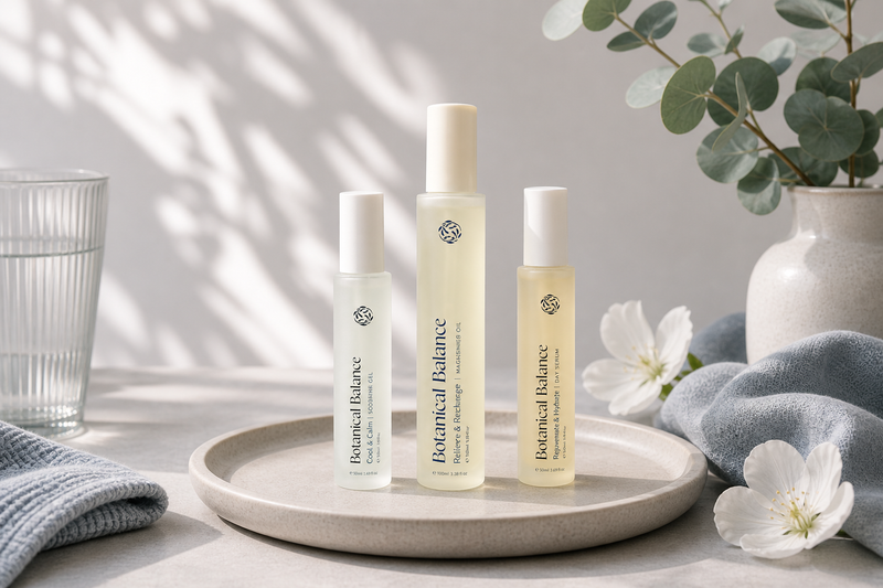 Three skincare bottles labeled 'Balanced Balance' on a tray with flowers and a vase in the background.
