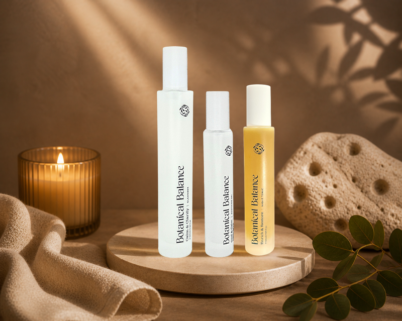 Three bottles of 'Botanical Balance' on a wooden stand with a candle and sponge in the background.