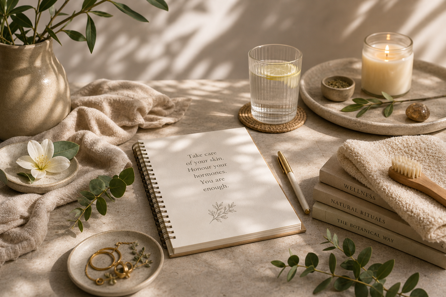 Table setting with a notebook, candle, glass of water, and decorative items on a neutral background