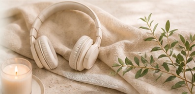 White headphones on a textured surface with a lit candle and green leaves